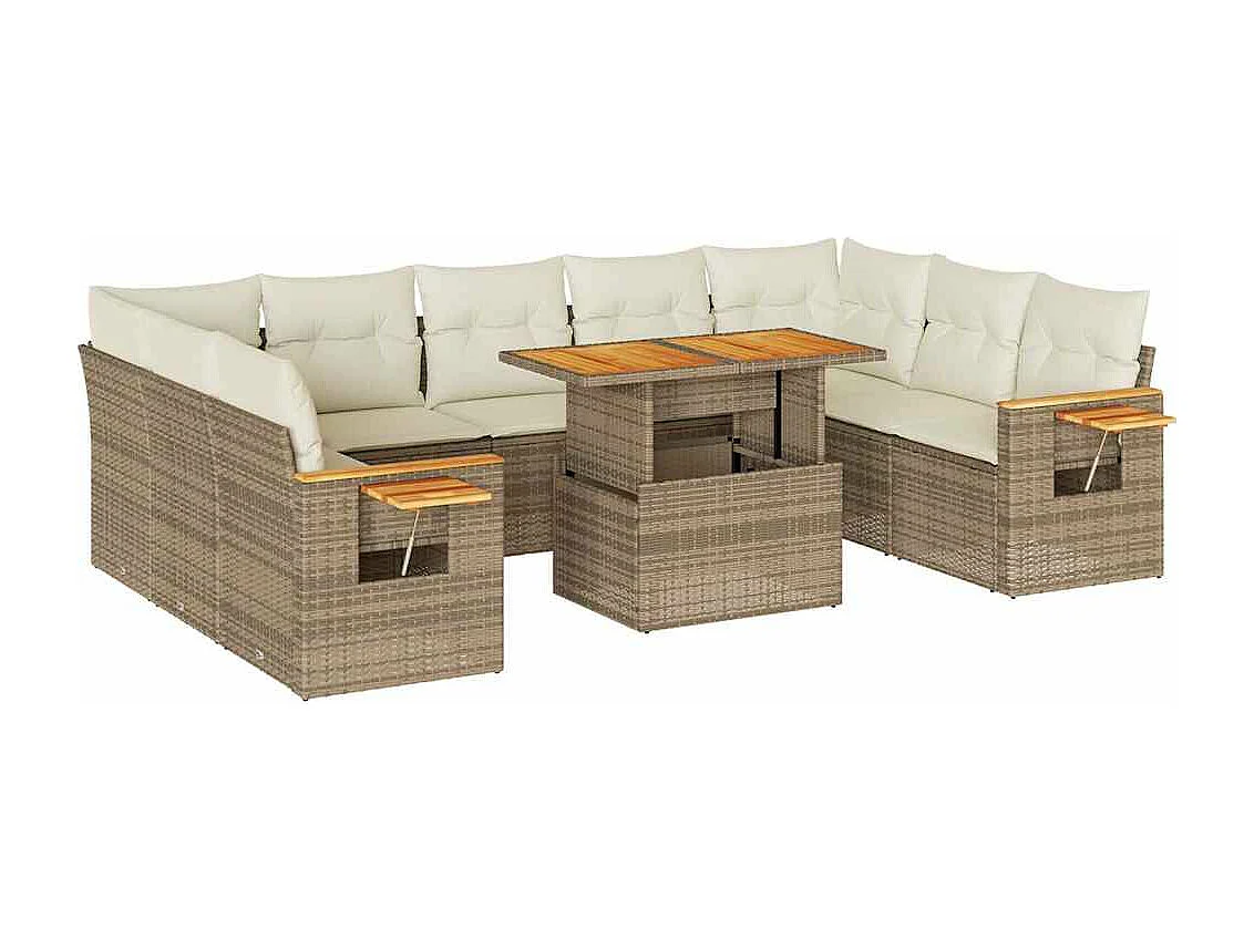 Salon de jardin avec coussins 10 pièces beige résine tressée acacia