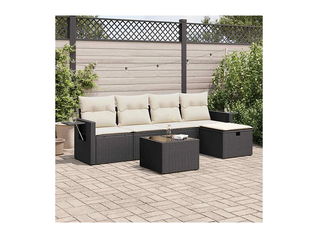 6-delige Loungeset met kussens poly rattan zwart