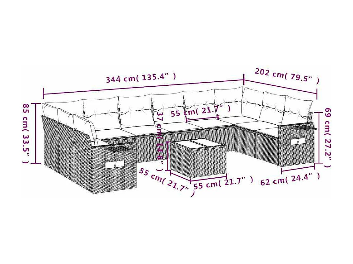 11-delige Loungeset met kussens poly rattan lichtgrijs