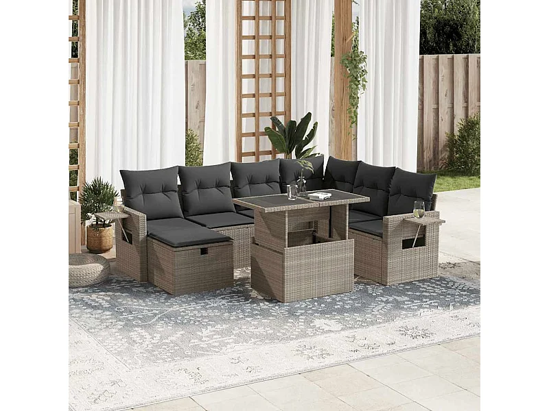 Salon de jardin 8 pièces avec coussins gris clair résine tressée