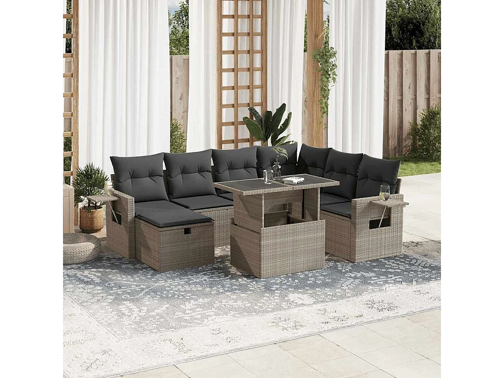 Salon de jardin 8 pièces avec coussins gris clair résine tressée