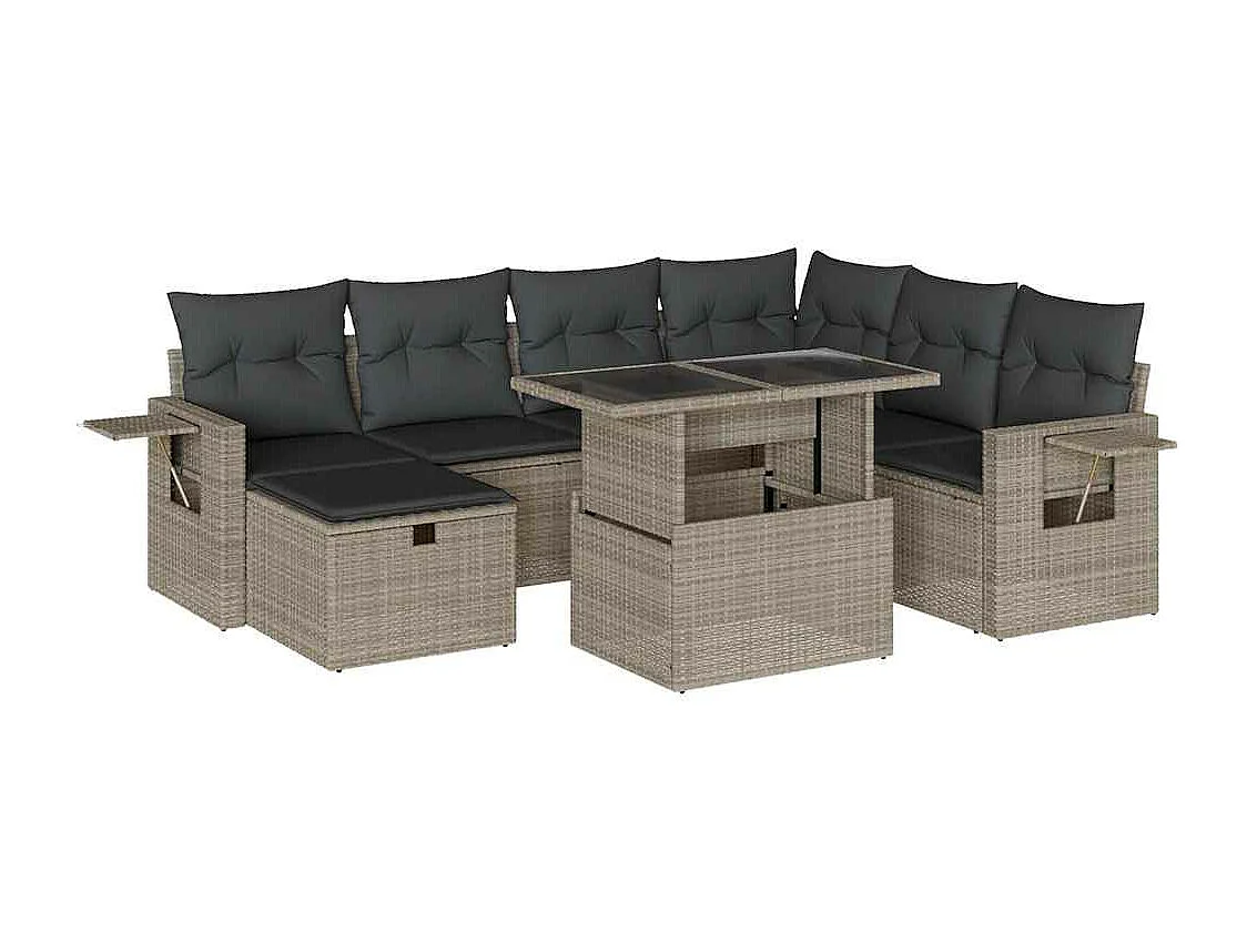 Salon de jardin 8 pièces avec coussins gris clair résine tressée