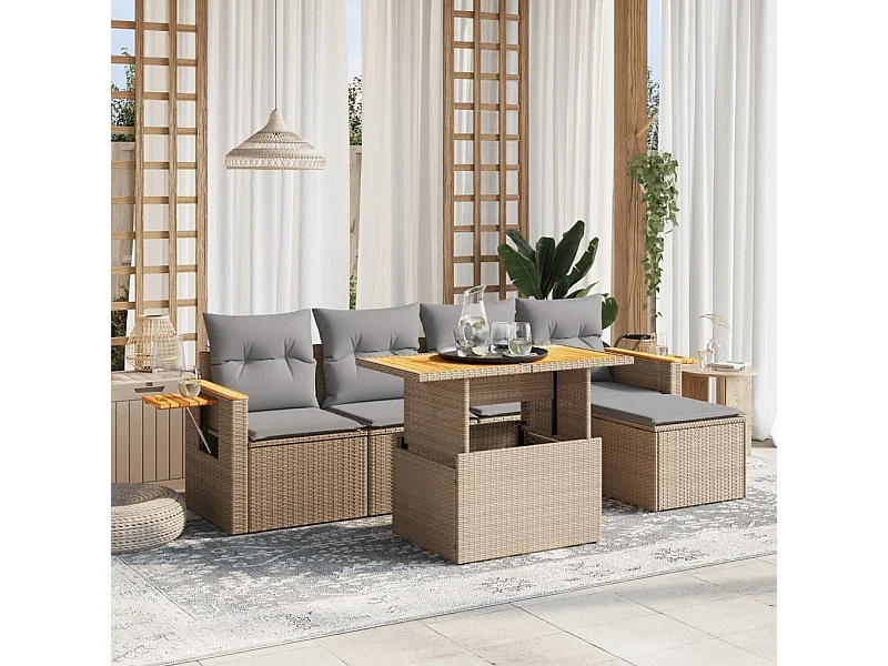 6 peças conjunto de sofás para jardim com almofadões vime PE bege