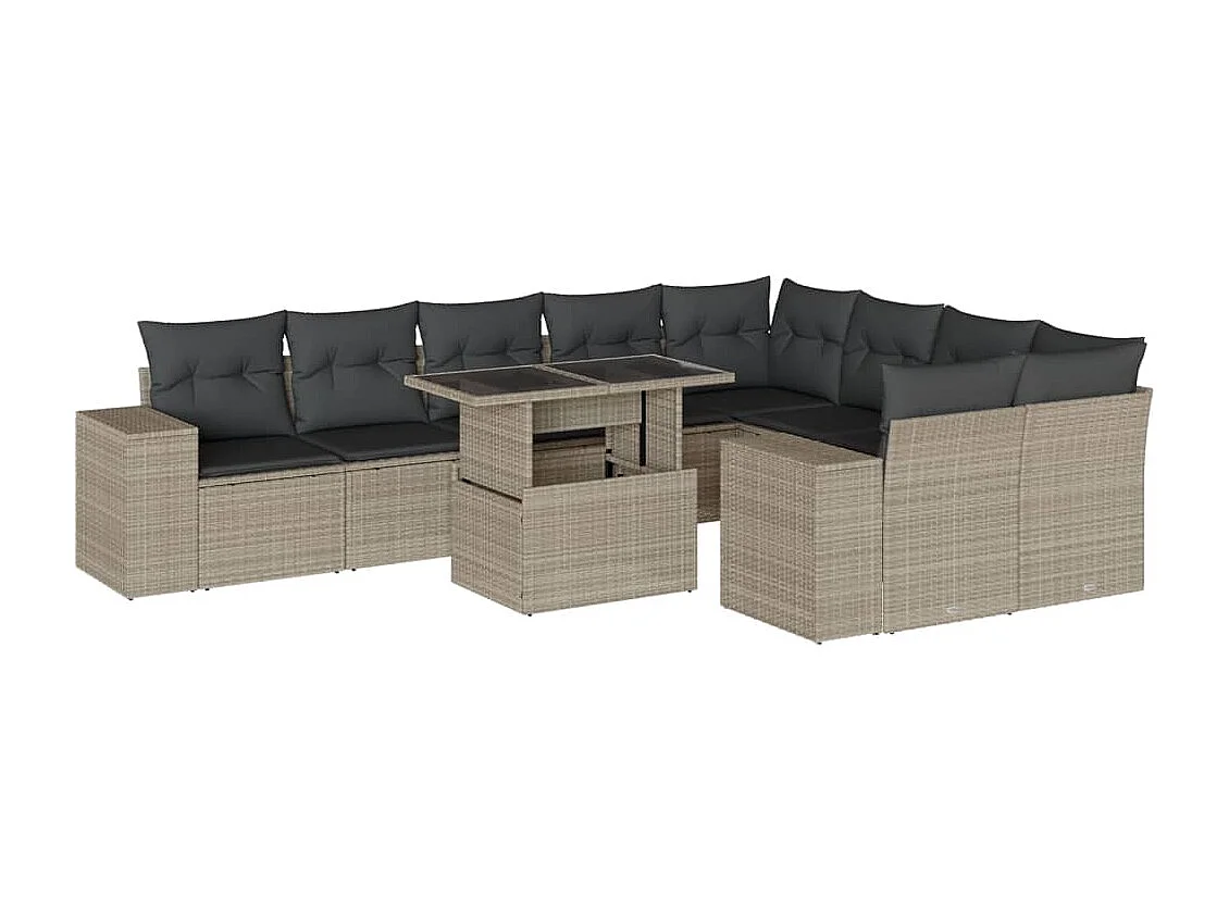 10 peças conj. sofás jardim com almofadões vime PE cinzento-claro
