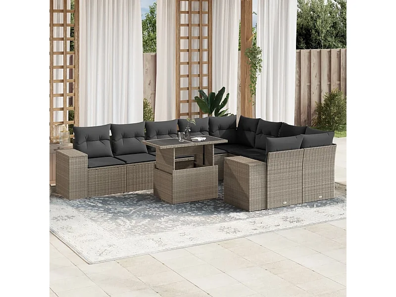 Salon de jardin avec coussins 10 pièces gris clair résine tressée
