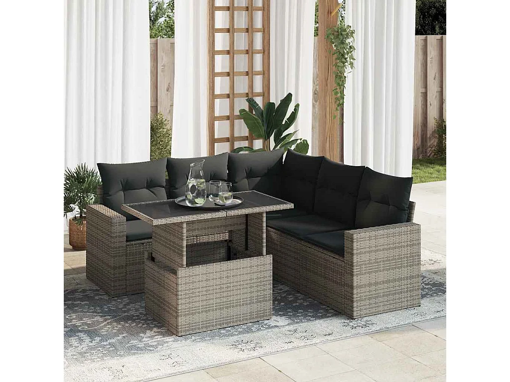 6-delige Loungeset met kussens poly rattan grijs