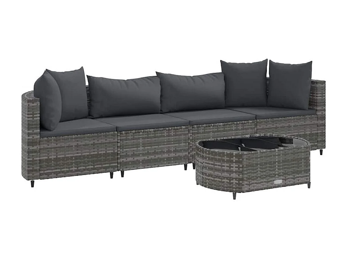 Salon de jardin 5 pièces avec coussins gris résine tressée