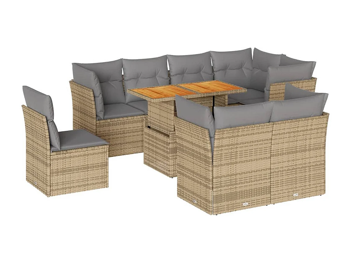 Set de sofás de jardín con cojines 9 piezas ratán sintético beige