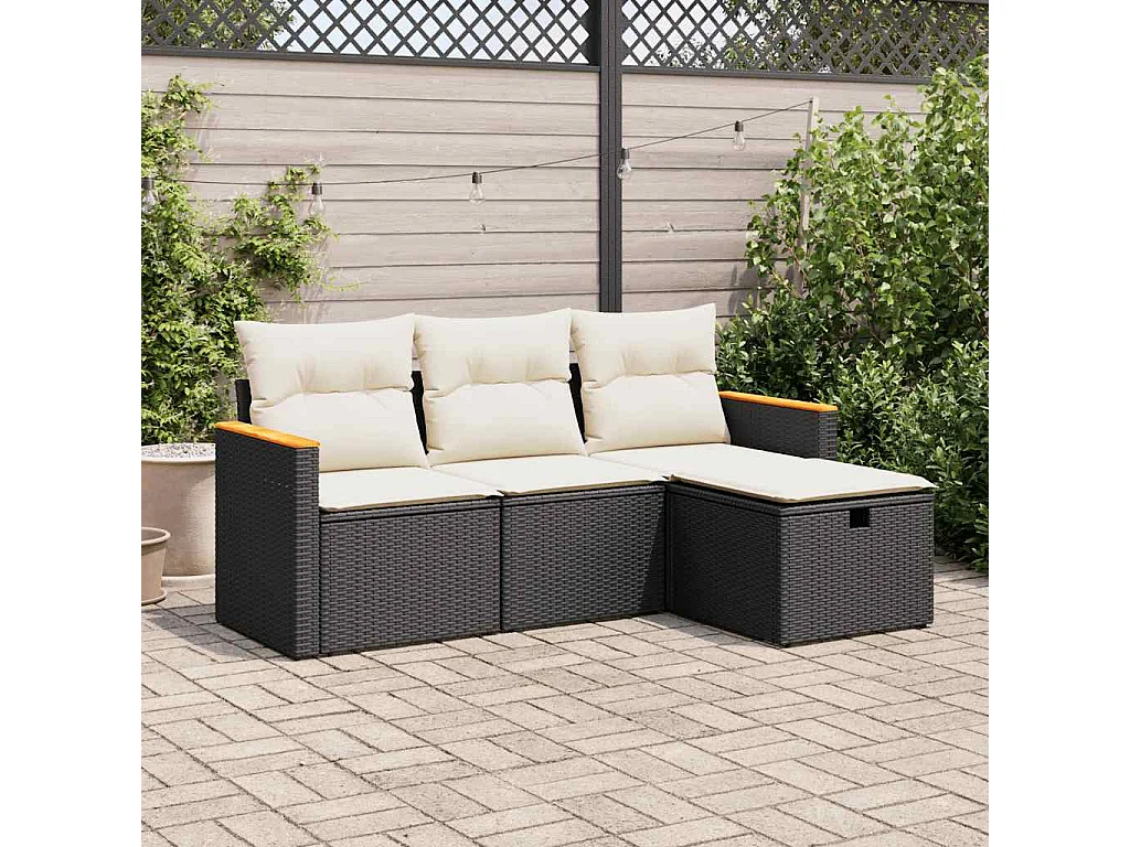4 peças conjunto de sofás para jardim com almofadões vime PE preto