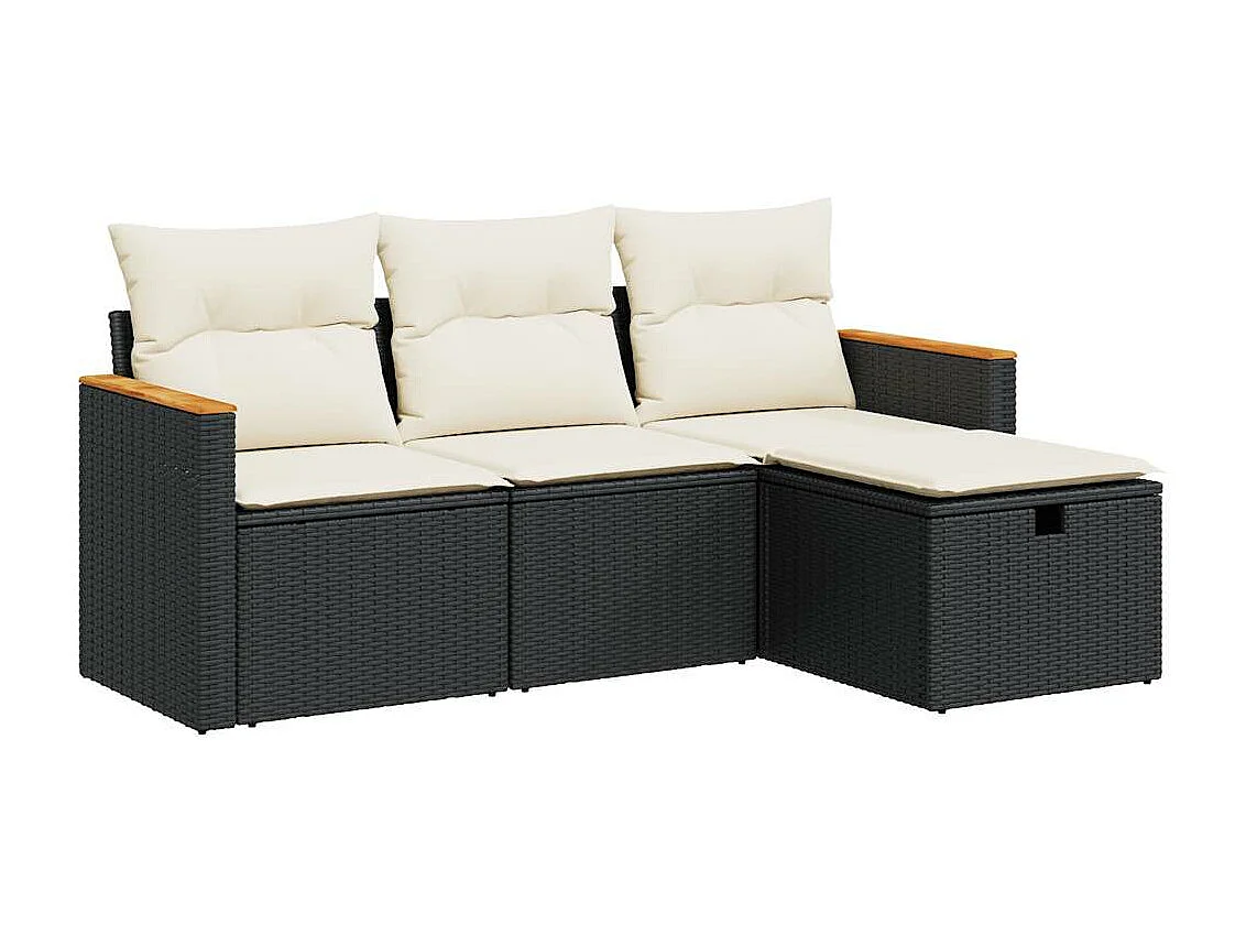 4 peças conjunto de sofás para jardim com almofadões vime PE preto