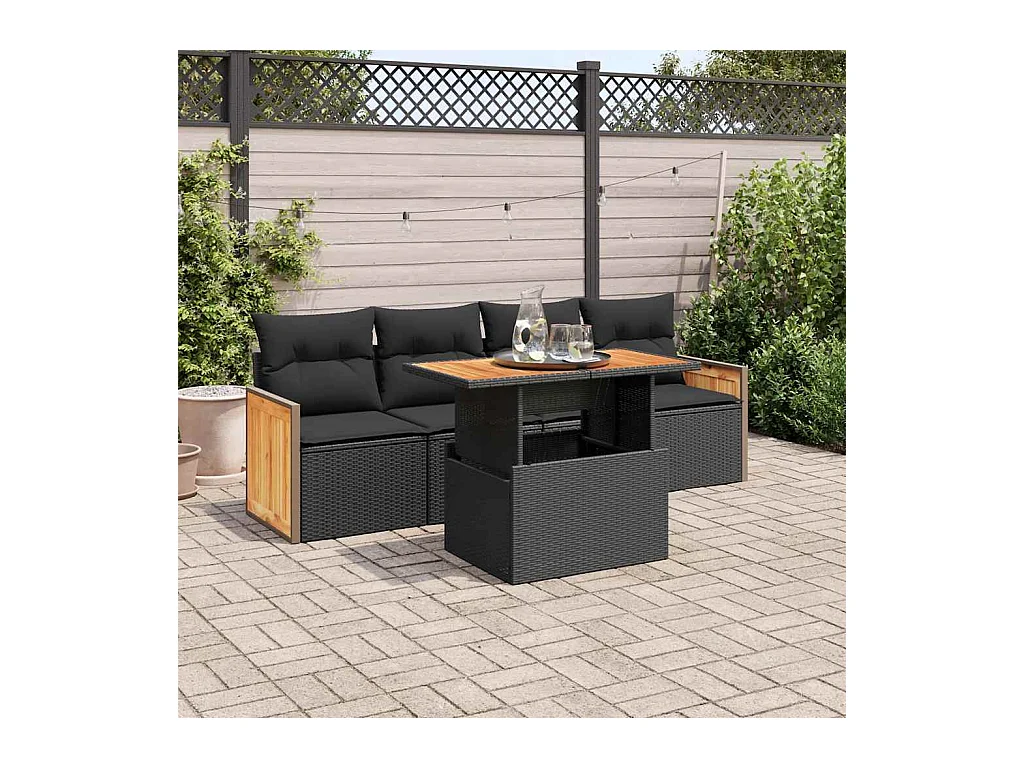 5-delige Loungeset met kussens poly rattan acacia zwart