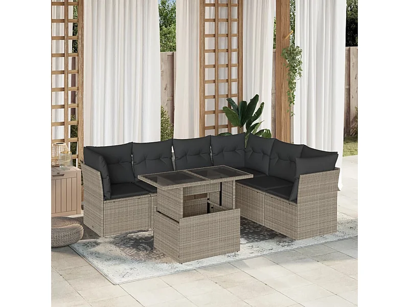 Salon de jardin avec coussins 7 pièces gris clair résine tressée