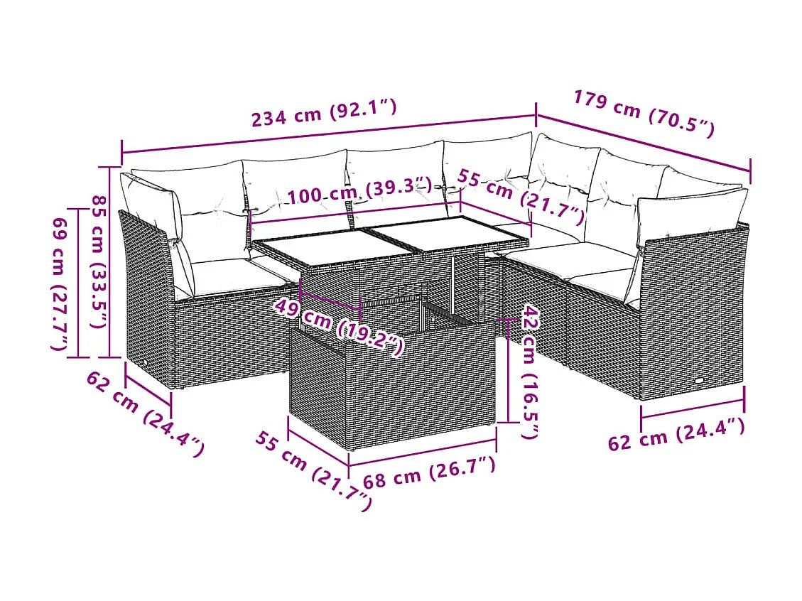 Salon de jardin avec coussins 7 pièces gris clair résine tressée