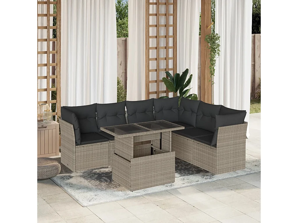 Salon de jardin avec coussins 7 pièces gris clair résine tressée