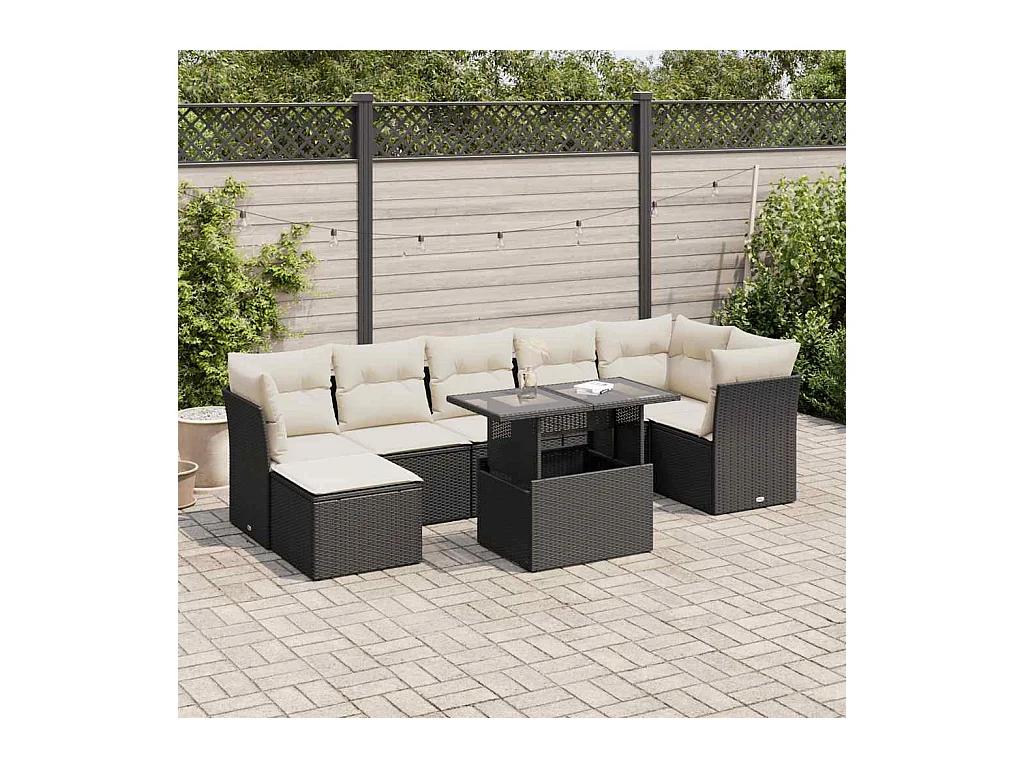 8-delige Loungeset met kussens poly rattan zwart
