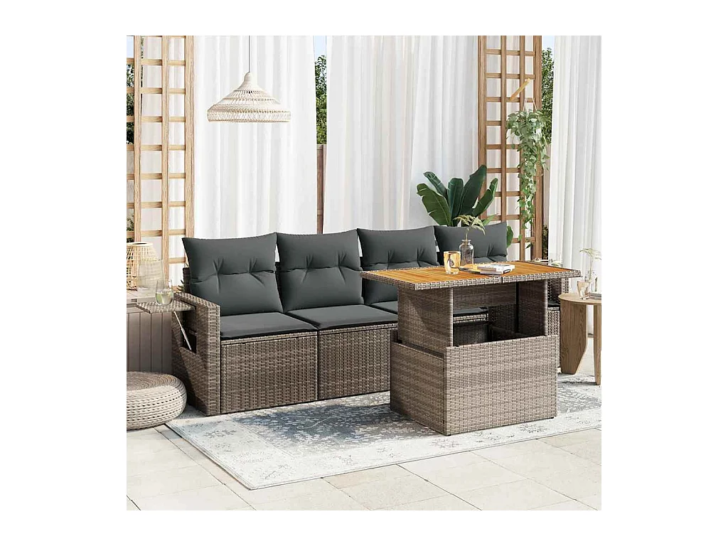 5-delige Loungeset met kussens poly rattan grijs