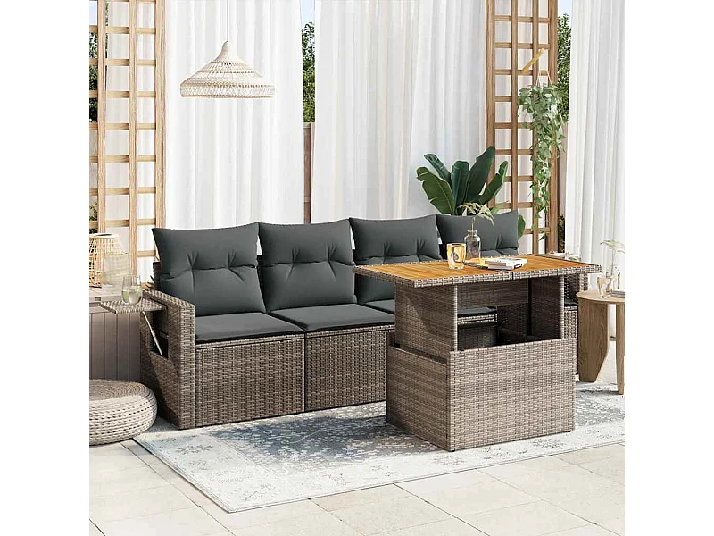 5 peças conjunto sofás de jardim com almofadões vime PE cinzento