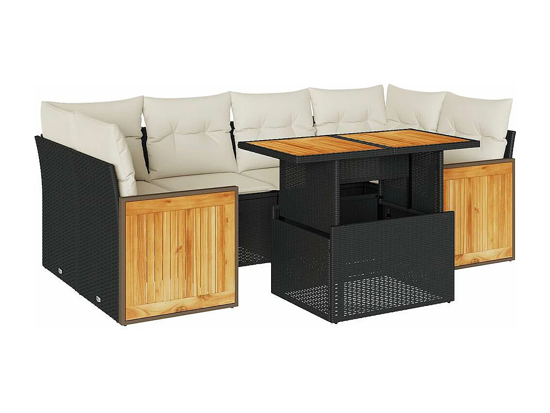 Salon de jardin avec coussins 7 pièces noir résine tressée acacia