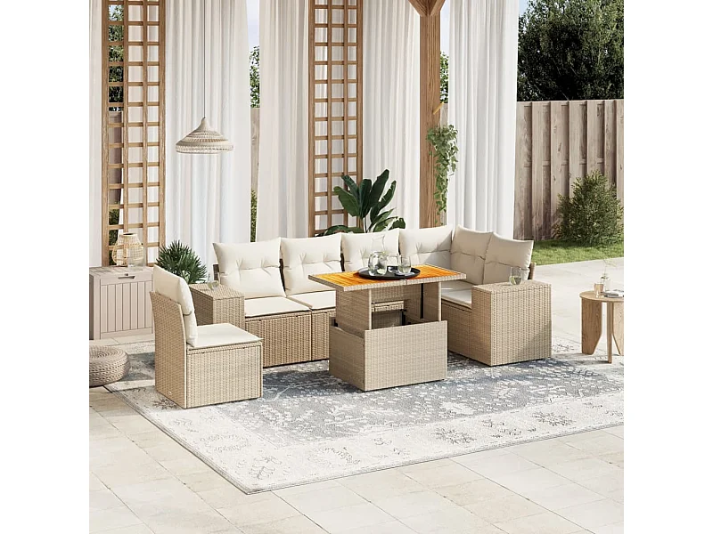 7-delige Loungeset met kussens poly rattan beige