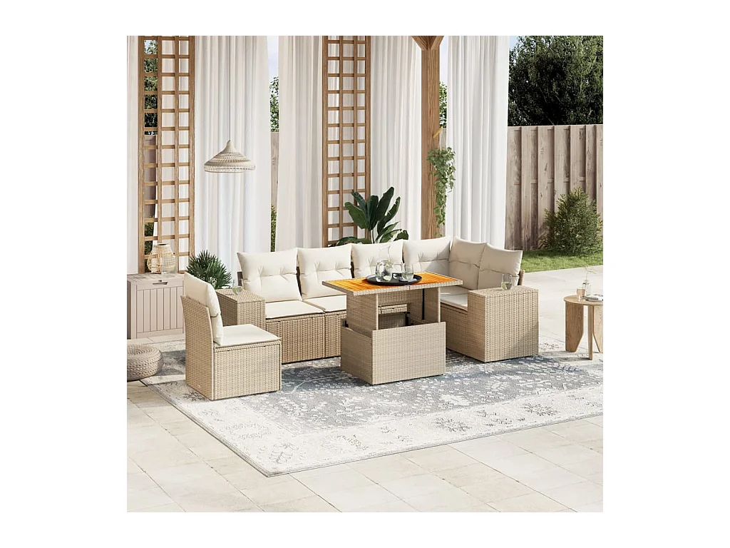 7-delige Loungeset met kussens poly rattan beige