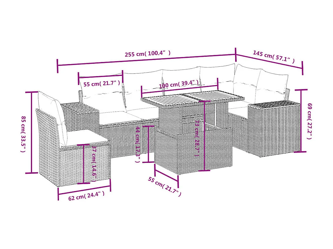 Salon de jardin avec coussins 7 pièces beige résine tressée