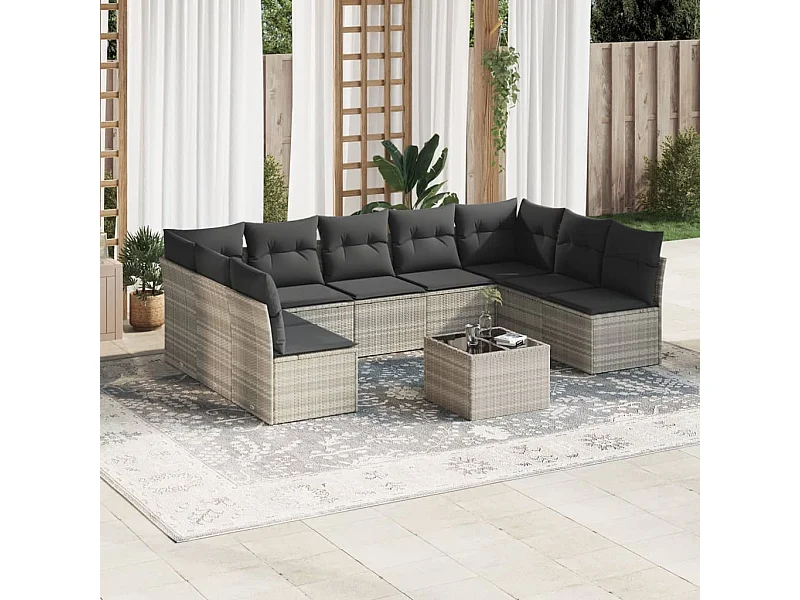 Salon de jardin avec coussins 10 pièces gris clair résine tressée