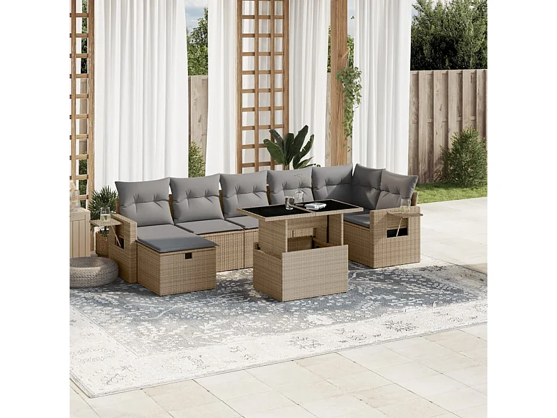 Salon de jardin avec coussins 8 pièces beige résine tressée