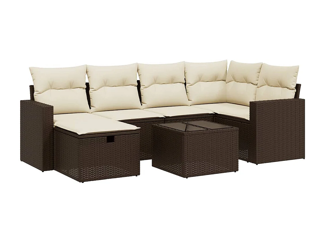 7 peças conjunto de sofás jardim com almofadões vime PE castanho