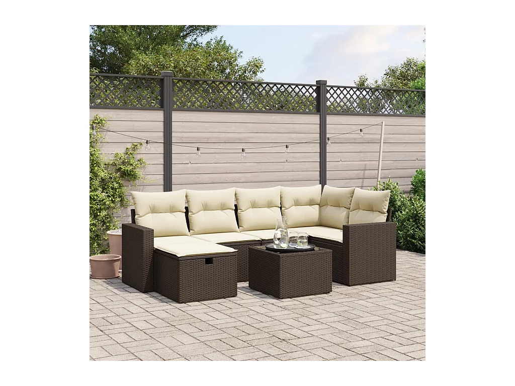 7-delige Loungeset met kussens poly rattan bruin