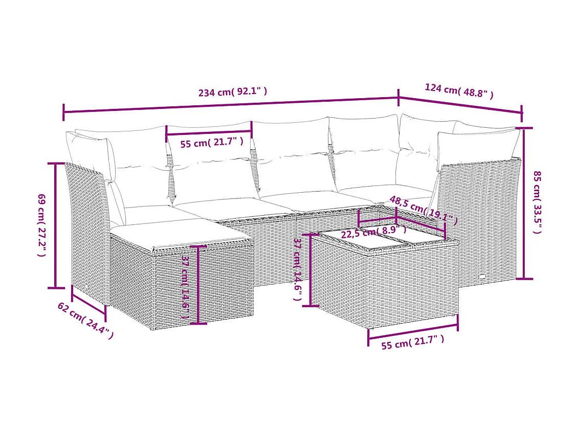 7-delige Loungeset met kussens poly rattan lichtgrijs