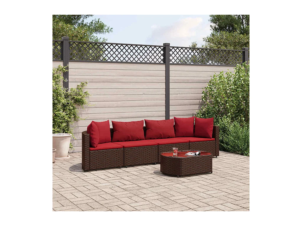 5 peças conjunto sofás para jardim com almofadões vime PE castanho