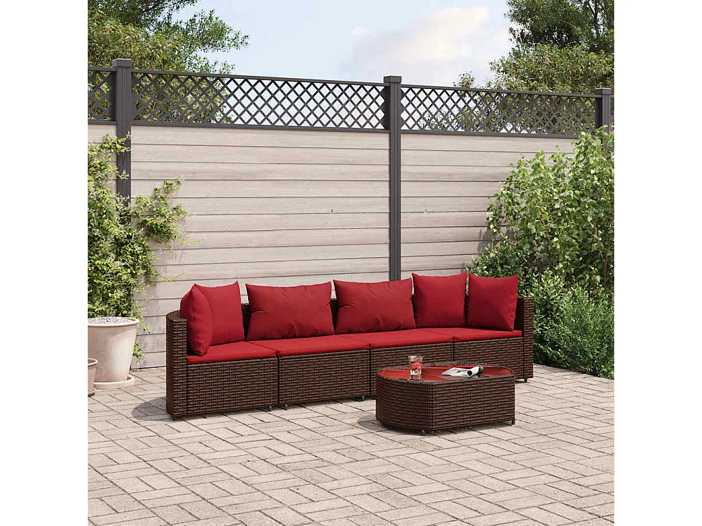 Set comedor de jardín 5 piezas y cojines ratán sintético marrón