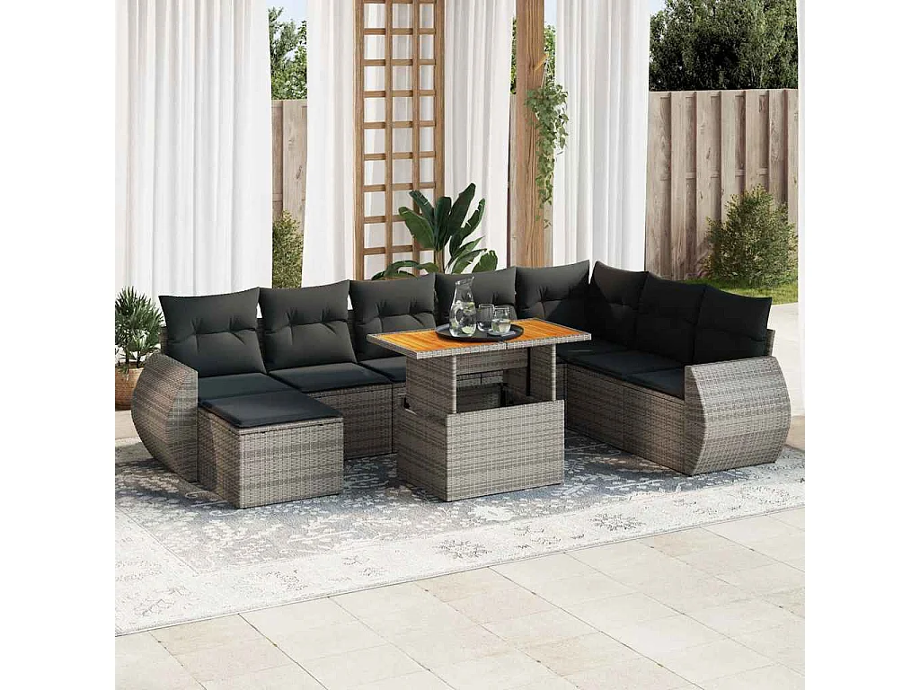 Set de sofás de jardín con cojines 9 piezas ratán sintético gris