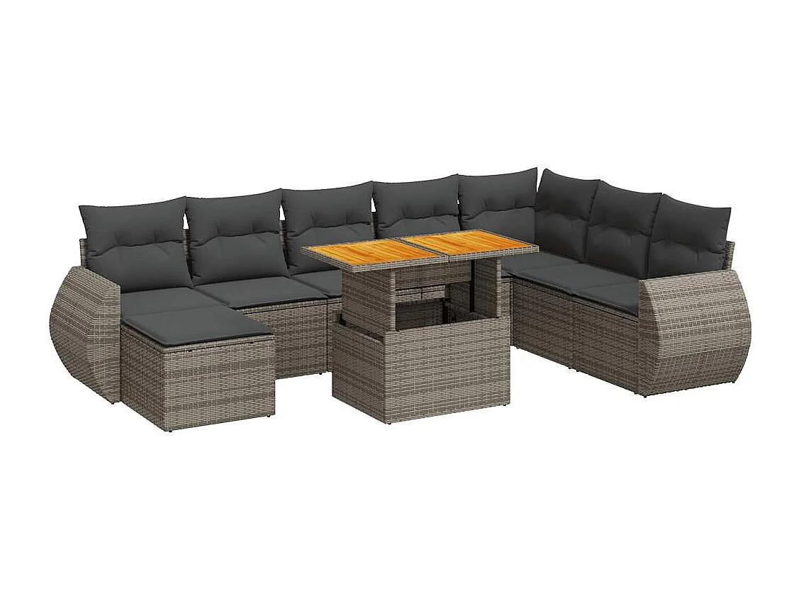Set de sofás de jardín con cojines 9 piezas ratán sintético gris