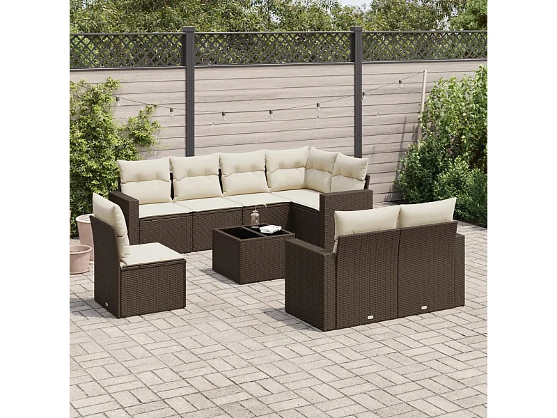 9-delige Loungeset met kussens poly rattan bruin