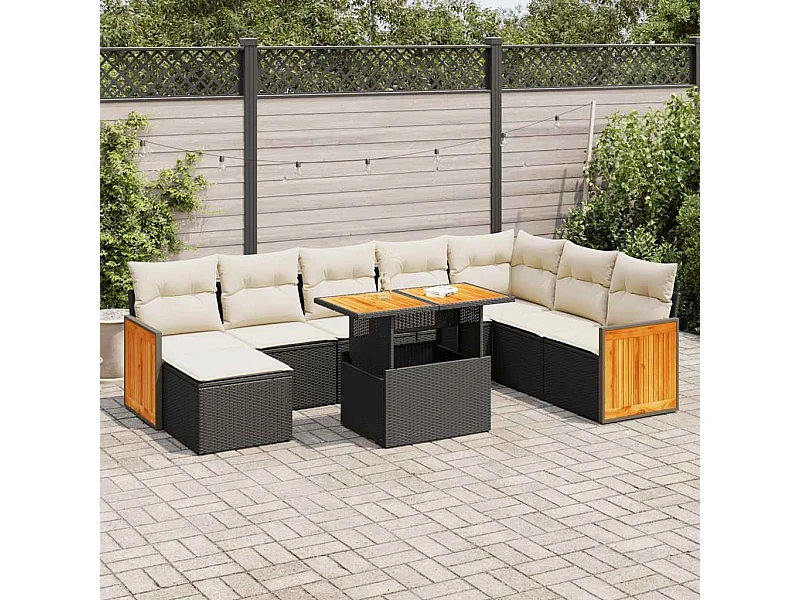 9-delige Loungeset met kussens poly rattan acacia zwart