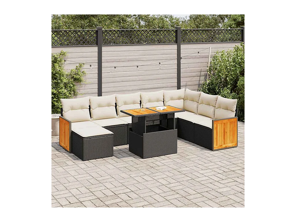 9-delige Loungeset met kussens poly rattan acacia zwart