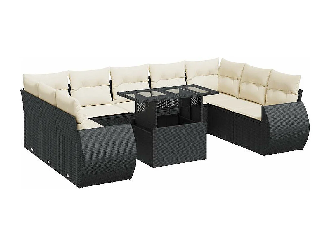 10-delige Loungeset met kussens poly rattan zwart
