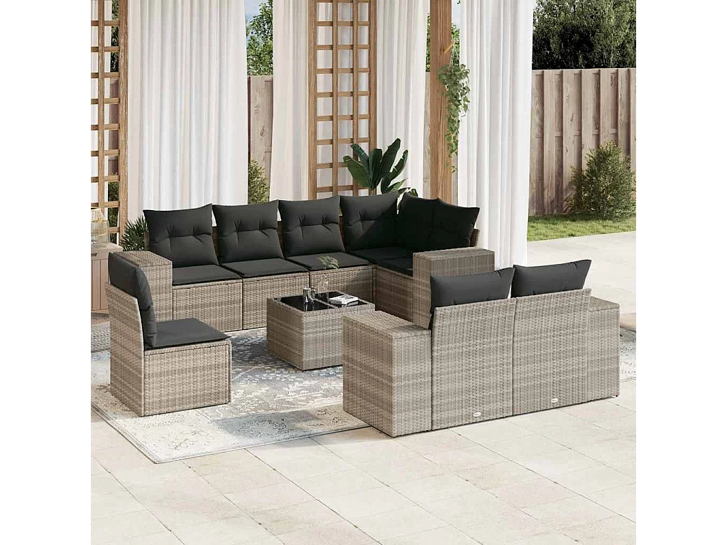 Salon de jardin 9 pièces avec coussins gris clair résine tressée