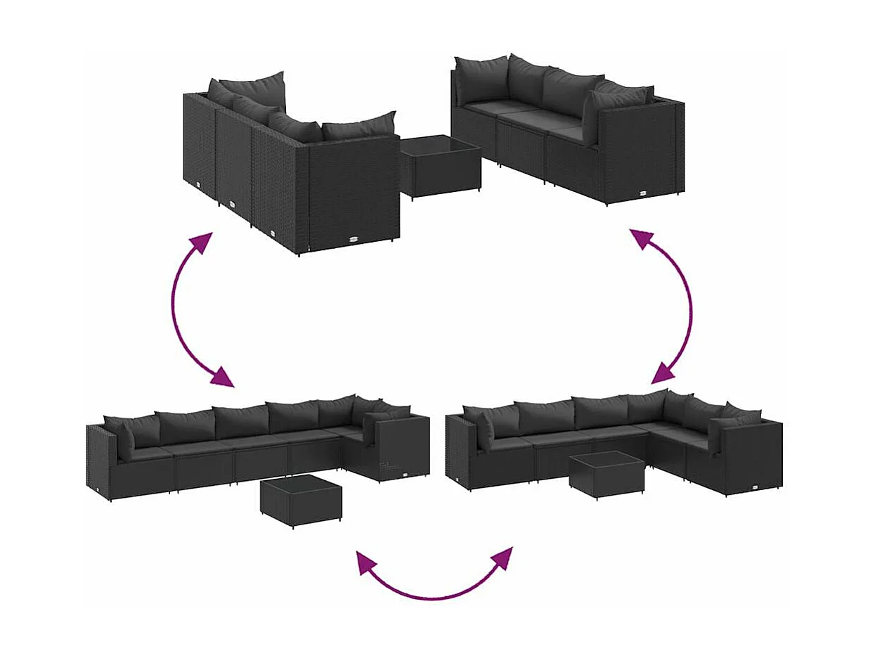 Salon de jardin 7 pièces avec coussins Noir Résine tressée