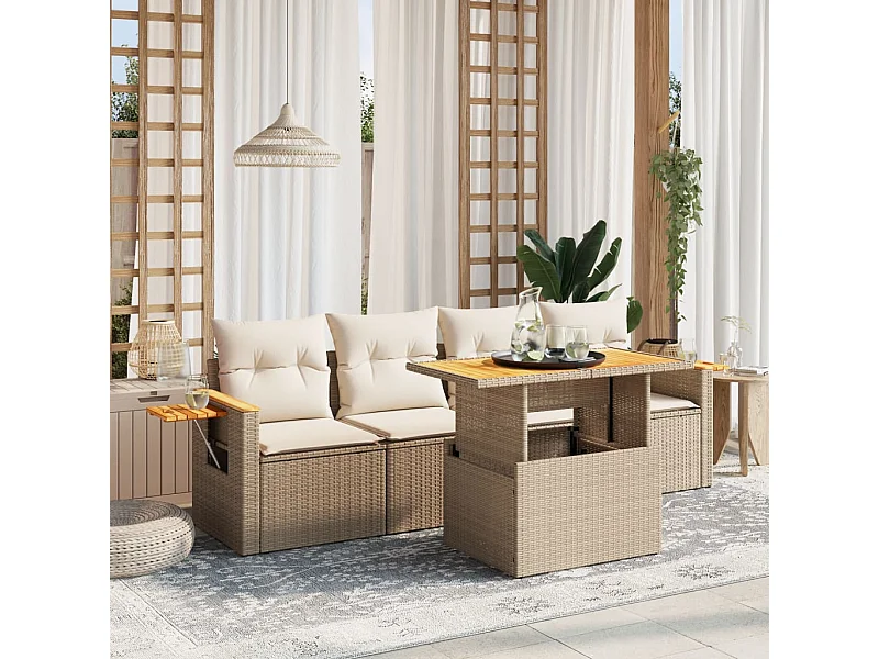 5 peças conjunto de sofás para jardim com almofadões vime PE bege