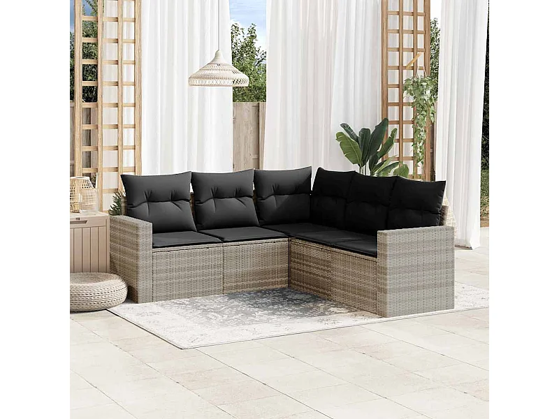 5-delige Loungeset met kussens poly rattan lichtgrijs