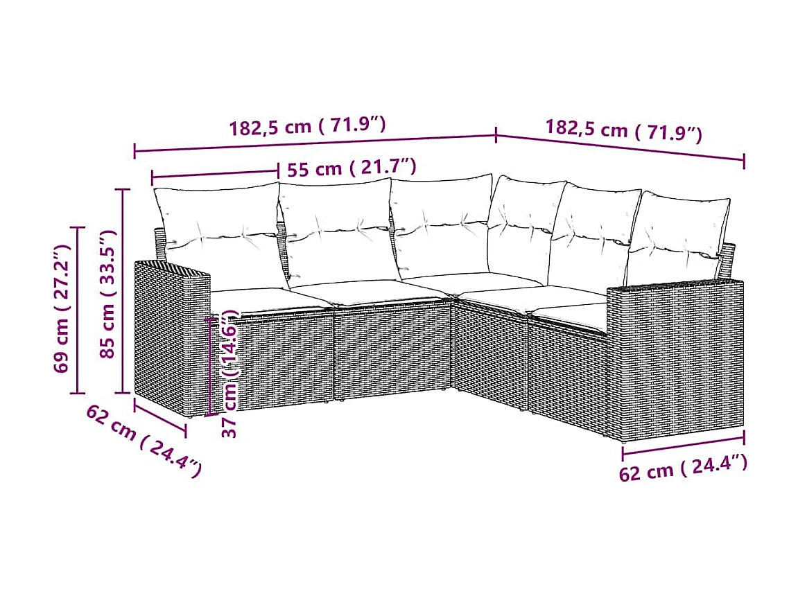 Set de sofás jardín y cojines 5 piezas ratán sintético gris claro