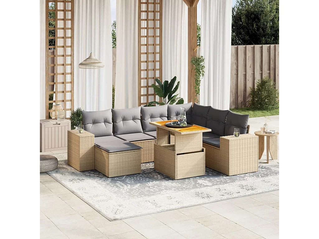 Salon de jardin avec coussins 8 pièces beige résine tressée