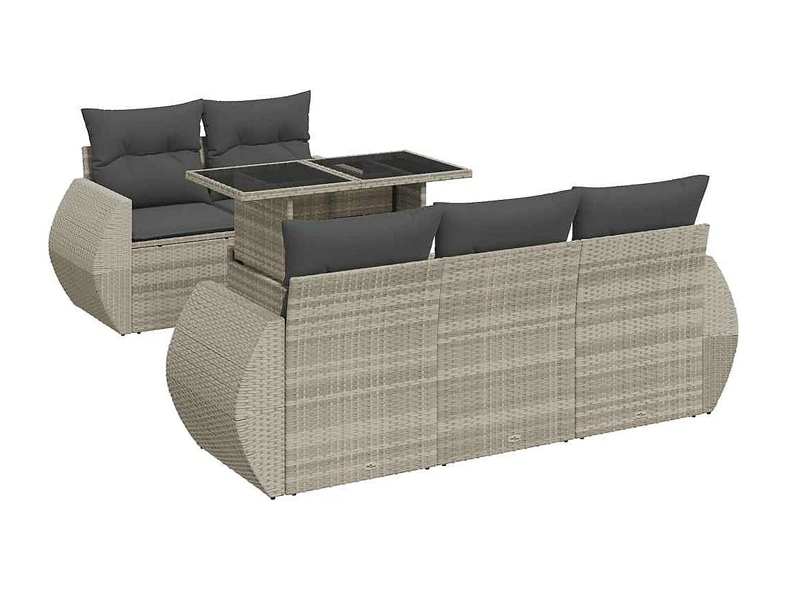 6 peças conj. sofás jardim com almofadões vime PE cinzento-claro