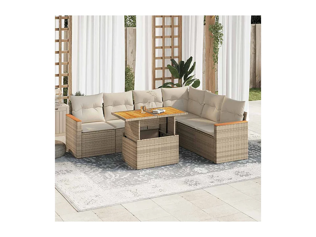 Salon de jardin avec coussins 7 pièces beige résine tressée acacia