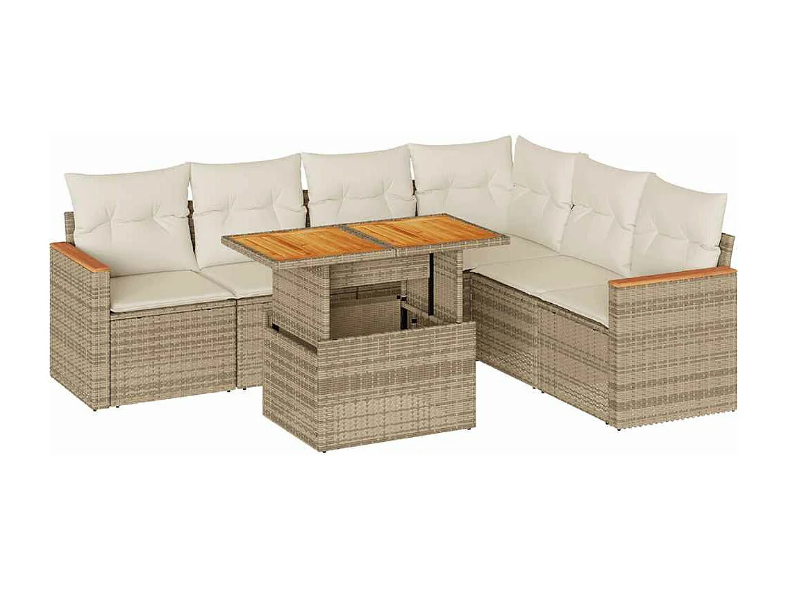 7-delige Loungeset met kussens poly rattan acacia beige