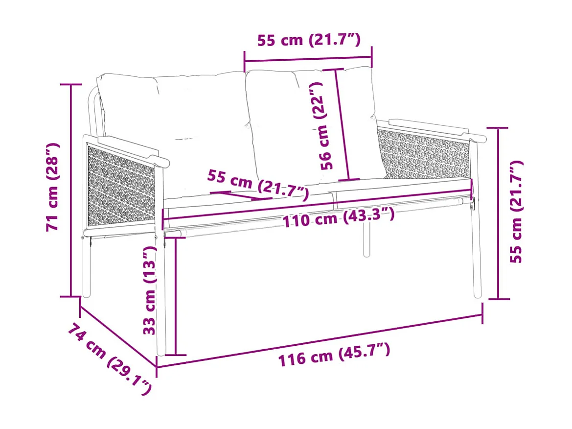 Banco de jardim com almofadões 116 cm aço preto