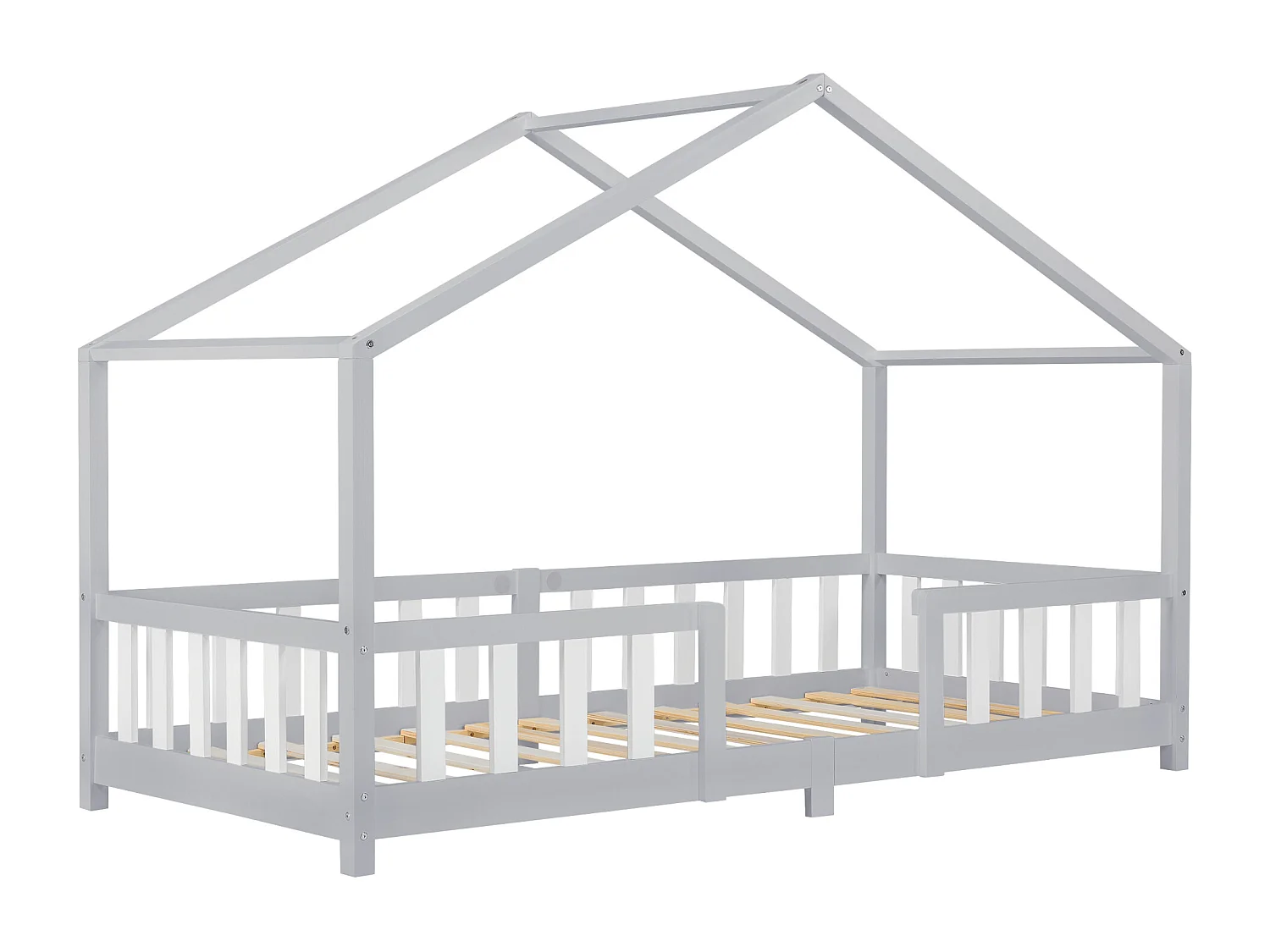 Lit d'Enfant Forme Maison avec Grille de Protection Treviolo 200 x 90 cm Gris Clair Blanc Mat Laqué [en.casa]