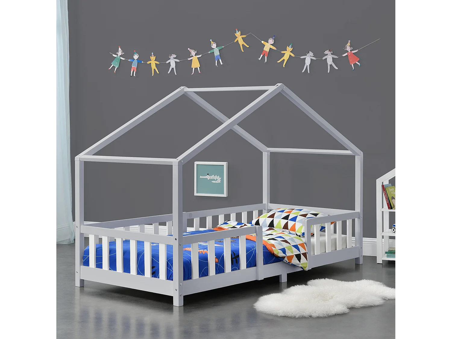 Lit d'Enfant Forme Maison avec Grille de Protection Treviolo 200 x 90 cm Gris Clair Blanc Mat Laqué [en.casa]